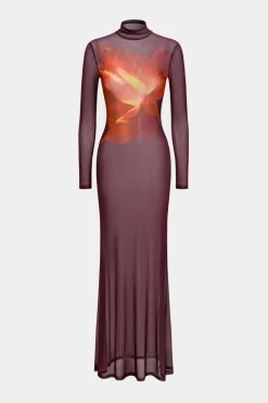 MICAS Long Sleeve Dresses|Maxi Dresses-Abstract Floral Print Mesh Sheer Long Sleeve Maxi Dress BURGUNDY
