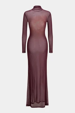 MICAS Long Sleeve Dresses|Maxi Dresses-Abstract Floral Print Mesh Sheer Long Sleeve Maxi Dress BURGUNDY