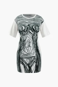 MICAS Mini Dresses-Abstract Line Print Short Sleeve Mini Dress WHITE
