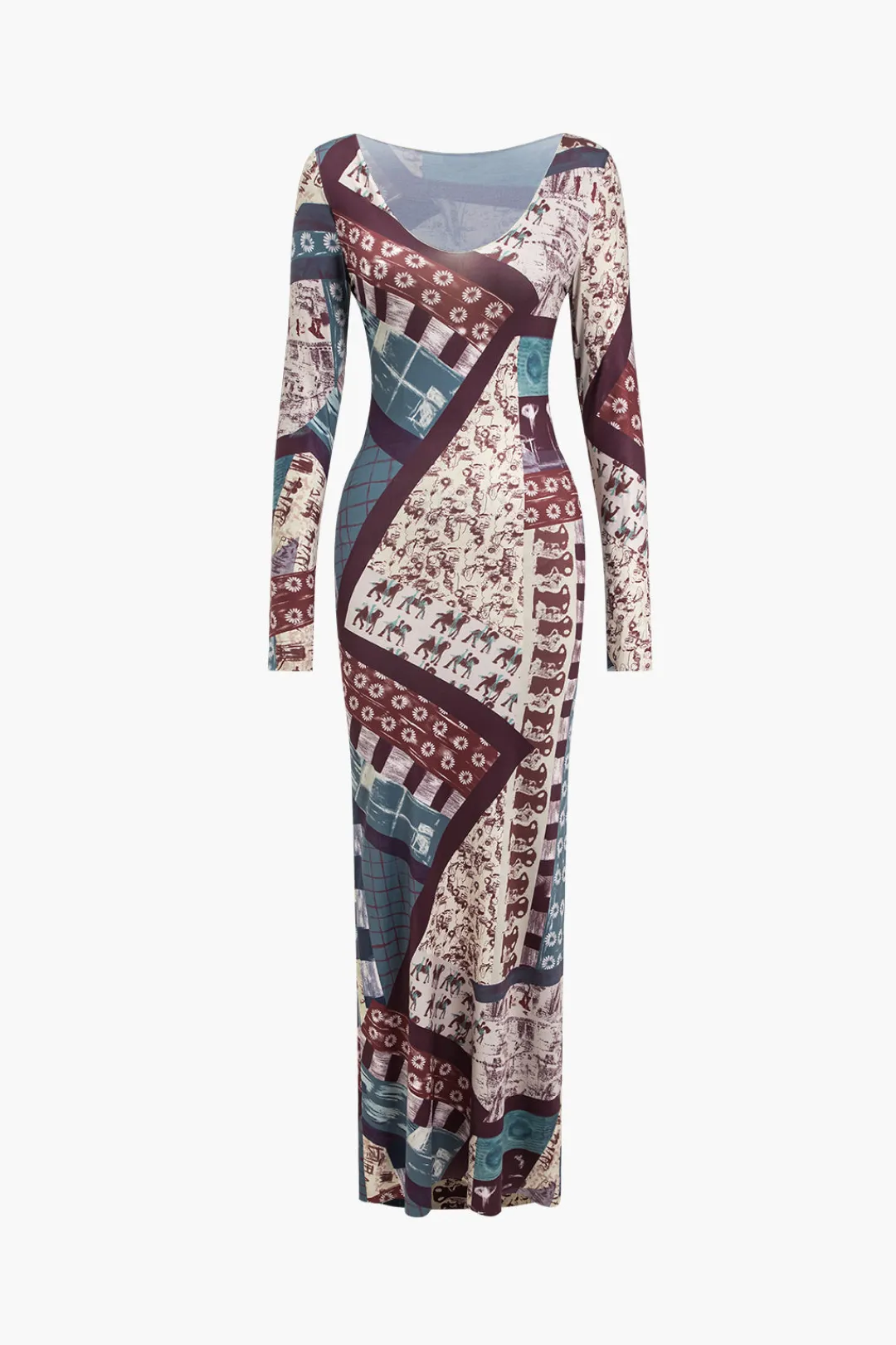 MICAS Long Sleeve Dresses|Maxi Dresses-Abstract Patchwork Printed Long Sleeve Maxi Dress MULTICOLOR