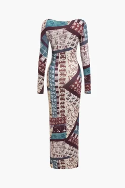 MICAS Long Sleeve Dresses|Maxi Dresses-Abstract Patchwork Printed Long Sleeve Maxi Dress MULTICOLOR