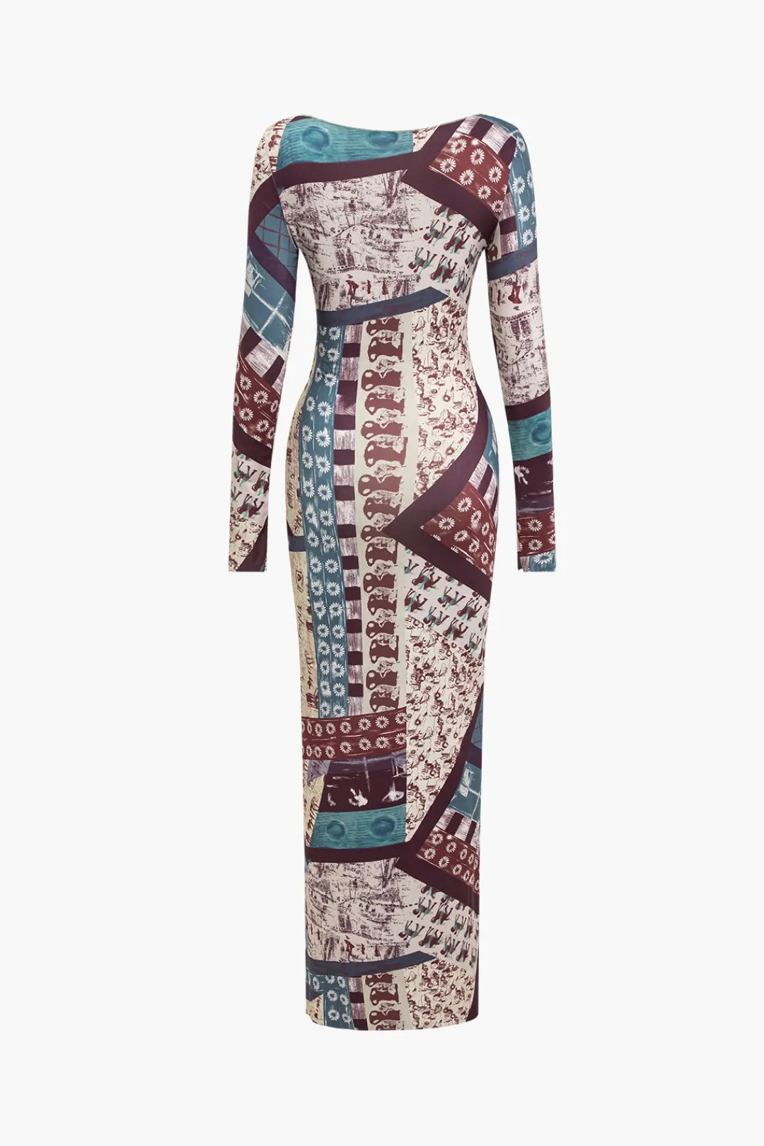 MICAS Long Sleeve Dresses|Maxi Dresses-Abstract Patchwork Printed Long Sleeve Maxi Dress MULTICOLOR