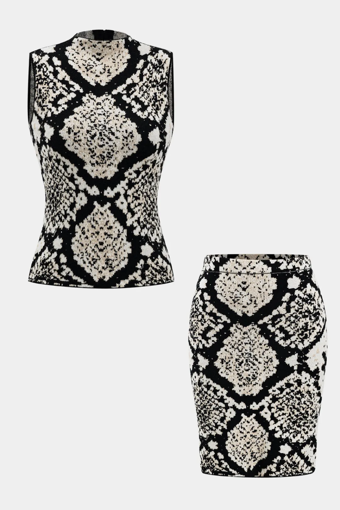 MICAS Knitwear|Knit Sets-Abstract Pattern Knit Tank Top And Skirt Set Contrast Color