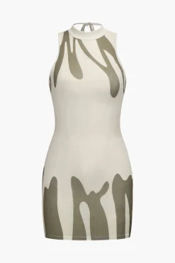MICAS Mini Dresses-Abstract Print Backless Tie-Up Sleeveless Mini Dress WHITE