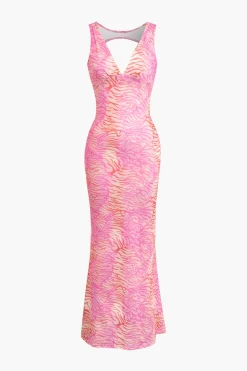 MICAS Maxi Dresses-Abstract Print Backless V-neck Maxi Dress PINK