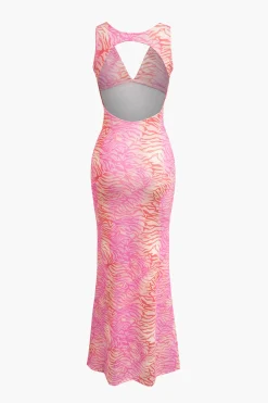 MICAS Maxi Dresses-Abstract Print Backless V-neck Maxi Dress PINK