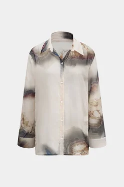 MICAS Long Sleeve Tops|Long Sleeves Tops-Abstract Print Chiffon Button Long-Sleeve Shirt BEIGE