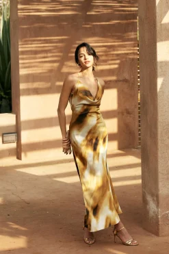 MICAS Maxi Dresses-Abstract Print Cowl Neck Backless Slit Slip Maxi Dress MULTICOLOR