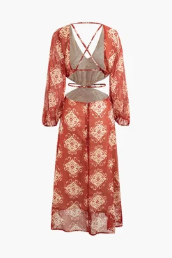 MICAS Long Sleeve Dresses|Maxi Dresses-Abstract Print Cross Tie Backless Maxi Dress RUST