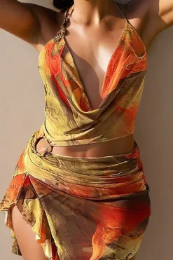 MICAS Mini Dresses-Abstract Print Halter Cowl Neck Slit Mini Dress