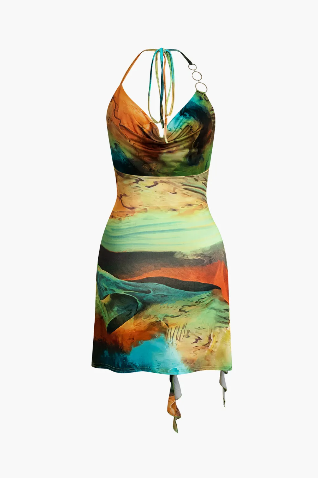 MICAS Mini Dresses-Abstract Print Halter Cowl Neck Slit Mini Dress