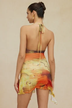 MICAS Mini Dresses-Abstract Print Halter Cowl Neck Slit Mini Dress