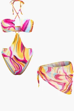 MICAS Swimwear|Vacation Sets-Abstract Print Halter Tummy Control One-piece Swimsuit And Knot Mini Sarong Skirt Set MULTICOLOR