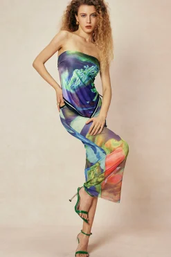 MICAS Skirt Sets|Vacation Sets-Abstract Print Knot Strapless Top And Cut Out Midi Skirt Set MULTICOLOR