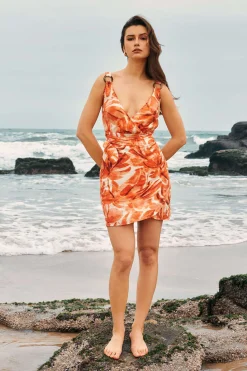 MICAS Mini Dresses-Abstract Print Knot V-Neck Mini Dress PERSIMMON