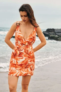 MICAS Mini Dresses-Abstract Print Knot V-Neck Mini Dress PERSIMMON