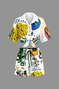 MICAS Short Sets|Vacation Sets-Abstract Print Knot-Front Shirt And Drawstring Shorts Set MULTICOLOR