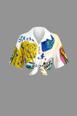 MICAS Short Sets|Vacation Sets-Abstract Print Knot-Front Shirt And Drawstring Shorts Set MULTICOLOR