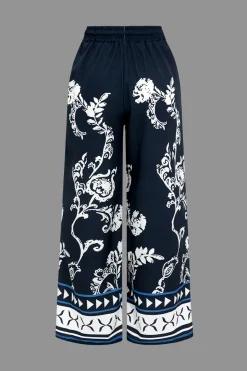 MICAS Pant Sets-Abstract Print Long Sleeve Shirt And Trousers Set DARK BLUE
