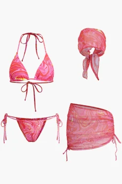 MICAS Swimwear|Vacation Sets-Abstract Print Mesh Four-Piece Swimsuit Set