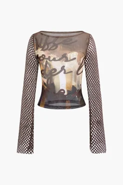 MICAS Long Sleeve Tops|Long Sleeves Tops-Abstract Print Mesh Long Sleeve Top COFFEE