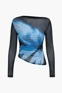 MICAS Long Sleeve Tops|Long Sleeves Tops-Abstract Print Mesh Long-Sleeve Top BLACK