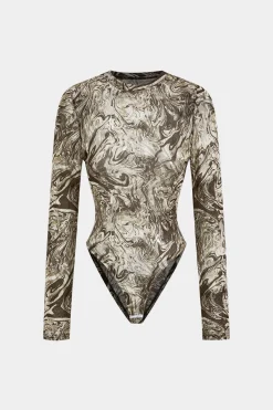 MICAS Bodysuits-Abstract Print Mesh Round Neck Long Sleeve Bodysuit BROWN