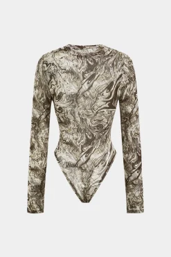 MICAS Bodysuits-Abstract Print Mesh Round Neck Long Sleeve Bodysuit BROWN