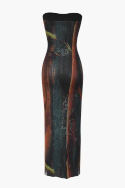 MICAS Midi Dresses-Abstract Print Mesh Strapless Midi Dress PERSIMMON