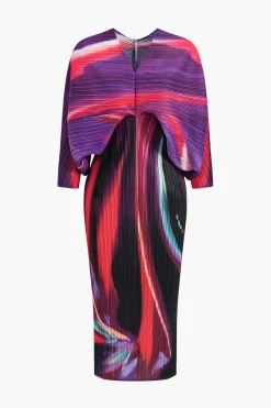 MICAS Long Sleeve Dresses|Midi Dresses-Abstract Print Pleated V-Neck Batwing Sleeve Maxi Dress PURPLE