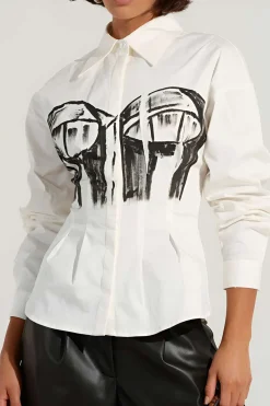 MICAS Long Sleeve Tops|Blouses & Shirts-Abstract Print Print Button Long-Sleeve Shirt WHITE