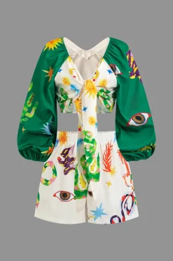 MICAS Short Sets-Abstract Print Puff Sleeve Two-Piece Shorts Set MULTICOLOR