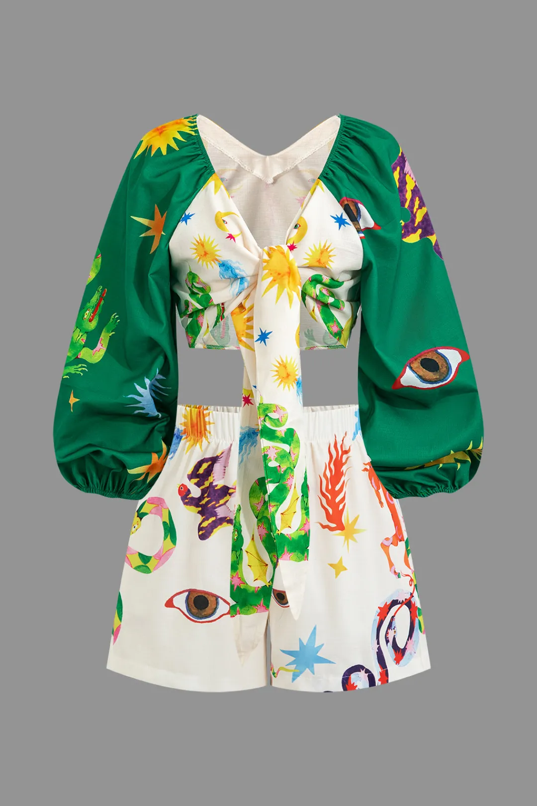 MICAS Short Sets-Abstract Print Puff Sleeve Two-Piece Shorts Set MULTICOLOR