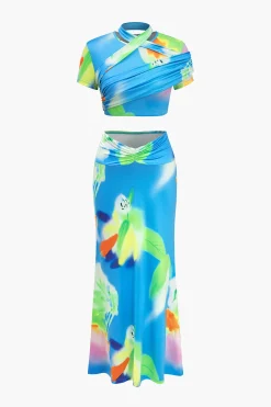MICAS Skirt Sets-Abstract Print Ruched Round Neck Skirt Set BLUE