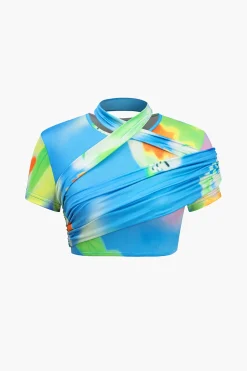 MICAS Skirt Sets-Abstract Print Ruched Round Neck Skirt Set BLUE