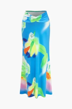 MICAS Skirt Sets-Abstract Print Ruched Round Neck Skirt Set BLUE