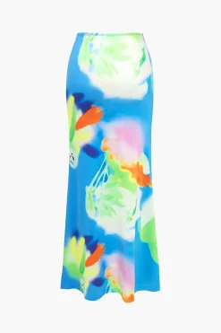 MICAS Skirt Sets-Abstract Print Ruched Round Neck Skirt Set BLUE