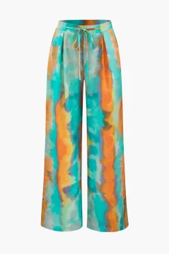 MICAS Pants-Abstract Print Satin Tie Waist Wide Leg Pants TURQUOISE