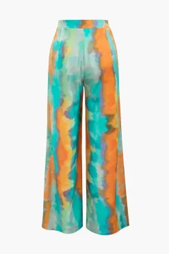 MICAS Pants-Abstract Print Satin Tie Waist Wide Leg Pants TURQUOISE