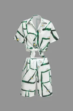 MICAS Short Sets-Abstract Print Shirt And Drawstring Shorts Set WHITE