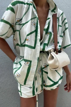 MICAS Short Sets-Abstract Print Shirt And Drawstring Shorts Set WHITE