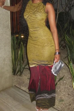 MICAS Maxi Dresses-Abstract Print Sleeveless Backless Slit Maxi Dress OLIVE