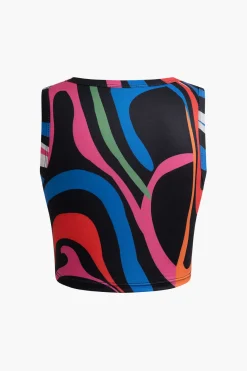 MICAS Skirt Sets-Abstract Print Tank Top And Asymmetric Skirt Set BLACK