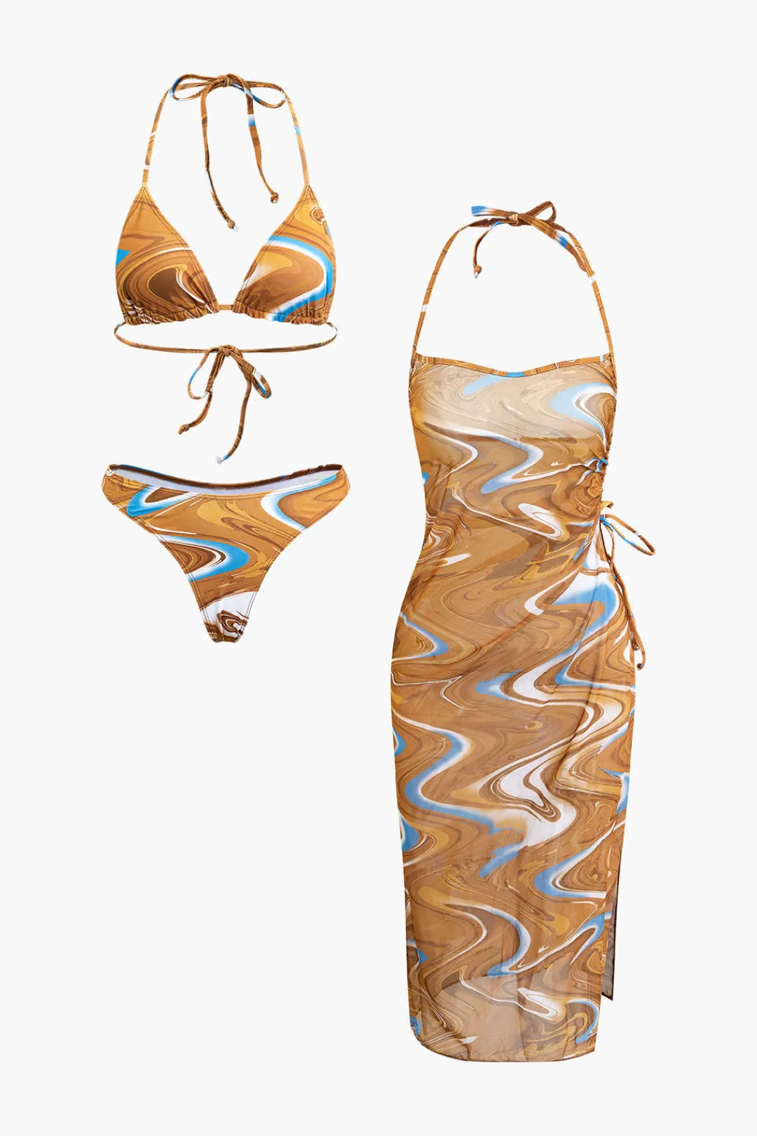 MICAS Swimwear|Vacation Sets-Abstract Print Tie Halter Bikini And Slit Midi Dress Swimsuit Set MULTICOLOR