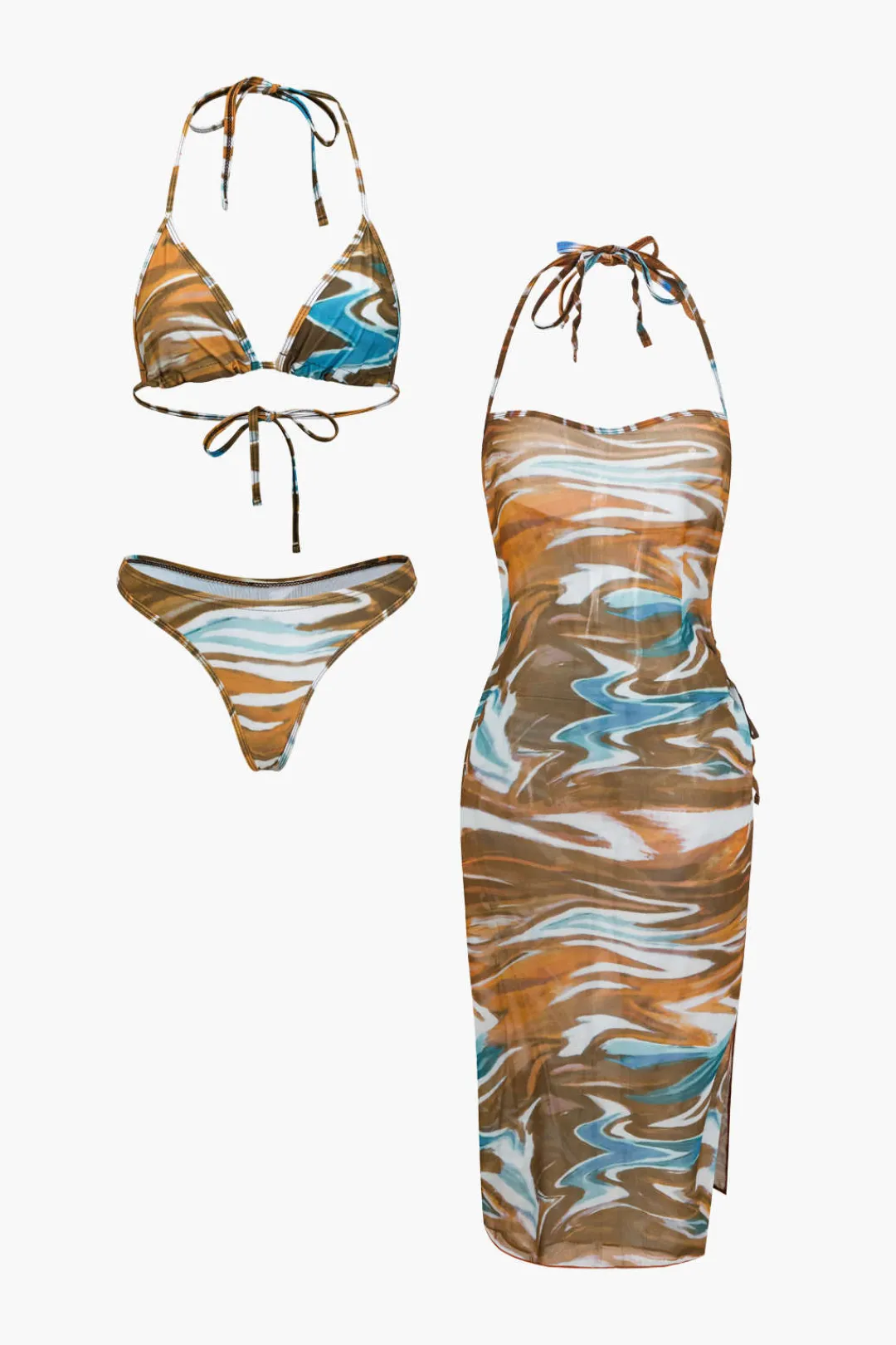 MICAS Swimwear|Vacation Sets-Abstract Print Tie Halter Bikini And Slit Midi Dress Swimsuit Set MULTICOLOR