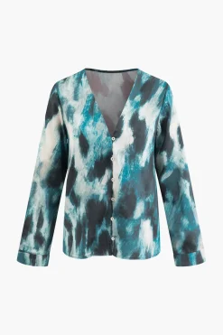 MICAS Long Sleeve Tops|Long Sleeves Tops-Abstract Print V-neck Button Up Shirt BLUE