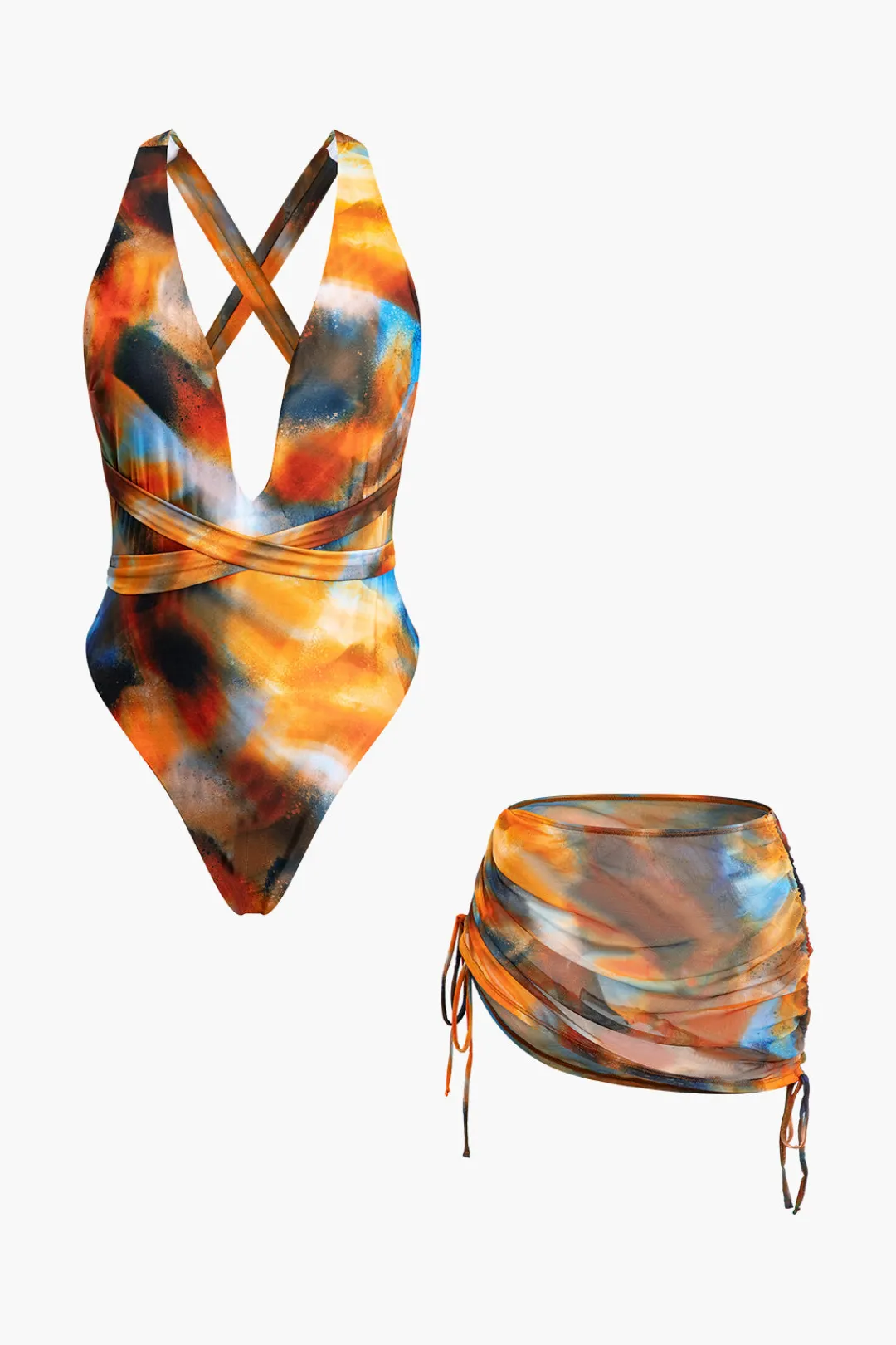 MICAS Swimwear|Vacation Sets-Abstract Print V-neck Cross Back Tie Swimsuit And Mesh Mini Sarong Skirt Set MULTICOLOR