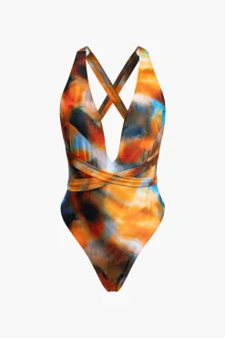 MICAS Swimwear|Vacation Sets-Abstract Print V-neck Cross Back Tie Swimsuit And Mesh Mini Sarong Skirt Set MULTICOLOR