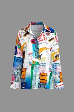 MICAS Long Sleeve Tops|Long Sleeves Tops-Artistic Print Collar Long-Sleeve Shirt BLUE