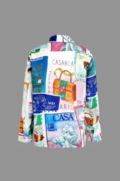 MICAS Long Sleeve Tops|Long Sleeves Tops-Artistic Print Collar Long-Sleeve Shirt BLUE